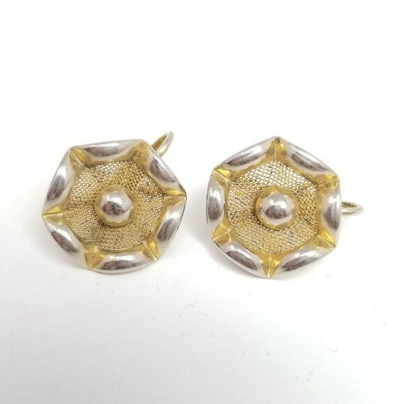 Vintage Retro Clip On Earrings, Gold Tone Abstract Flower Shape, Screw Backs - Picture 1 of 6